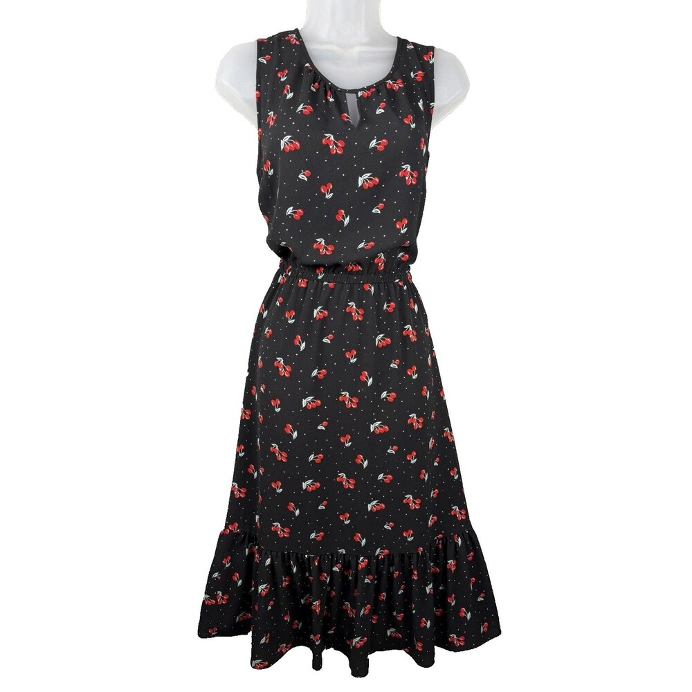 Talbots Sleeveless Fit & Flare Black Crepe Red Cherries Dress 8 Ruffled Flounce